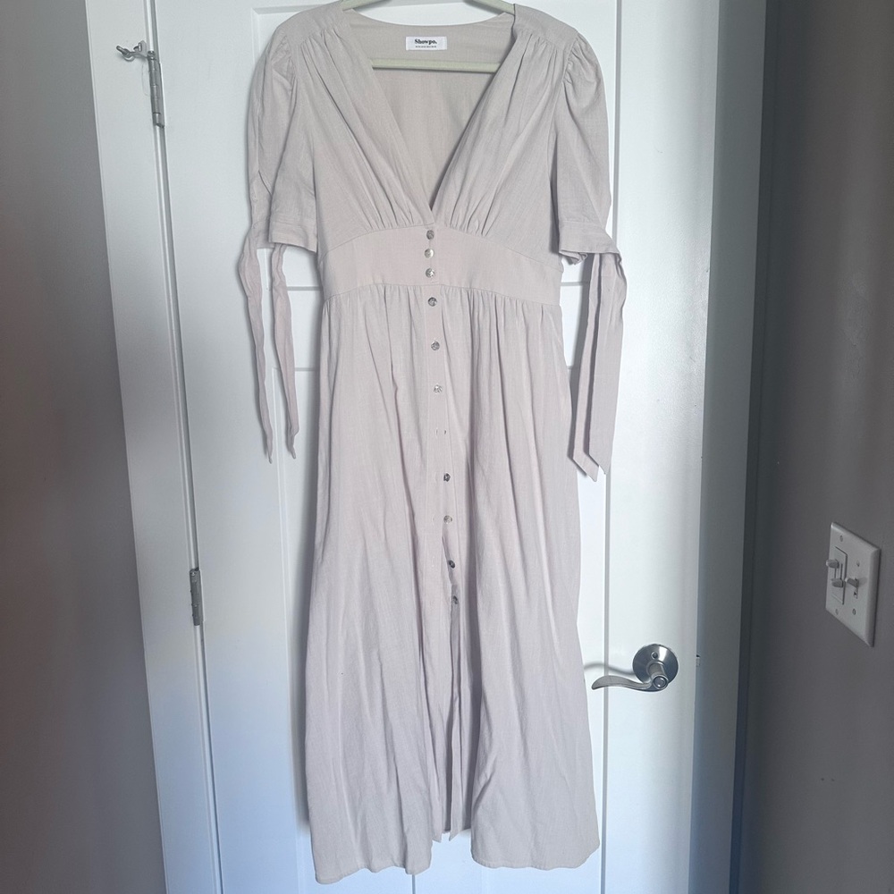 Showpo Cream Long Sleeve Dress with Button Detail